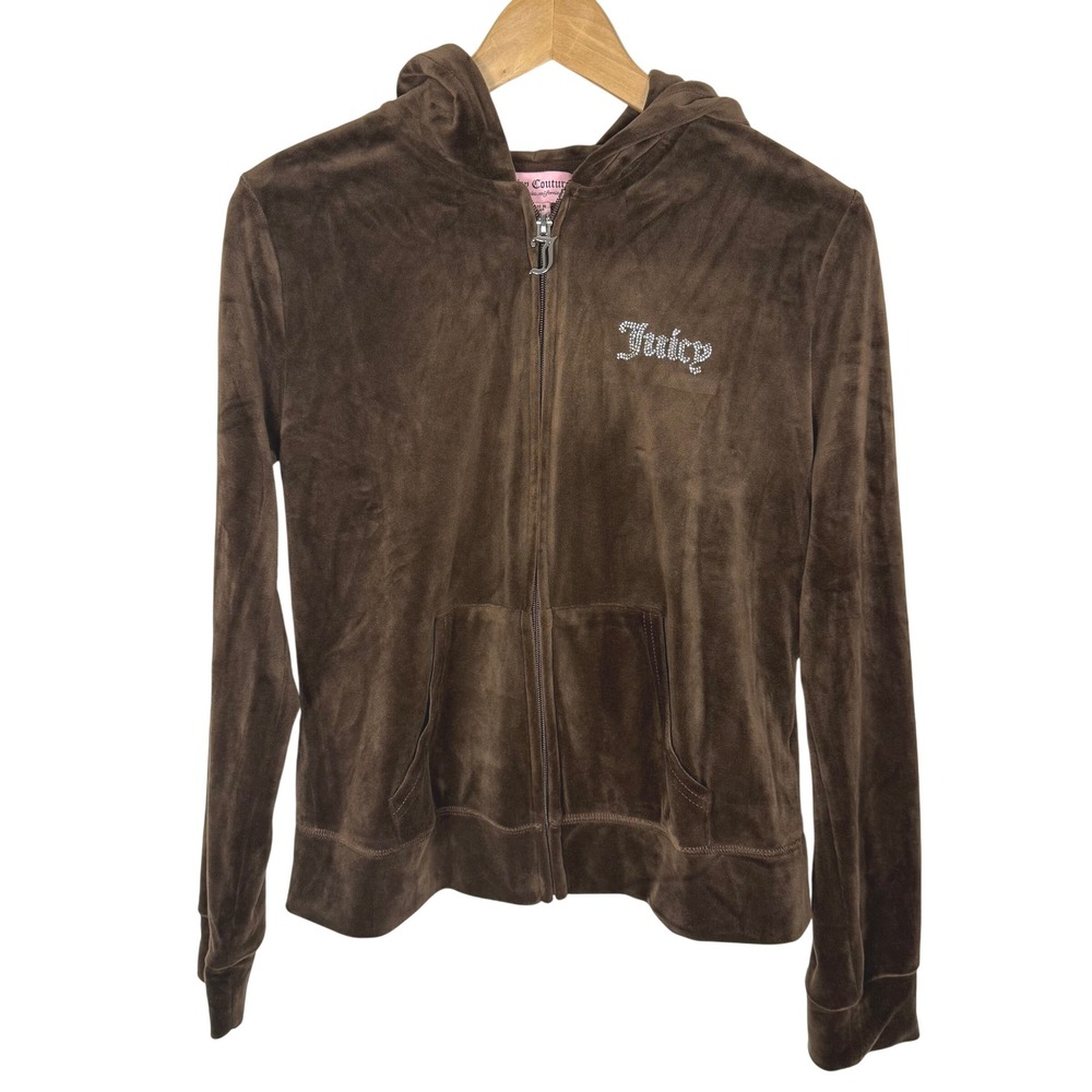 Juicy Couture Brown Velour Zip Up Hoodie Rhinestone Logo L Y2K Style Loungewear